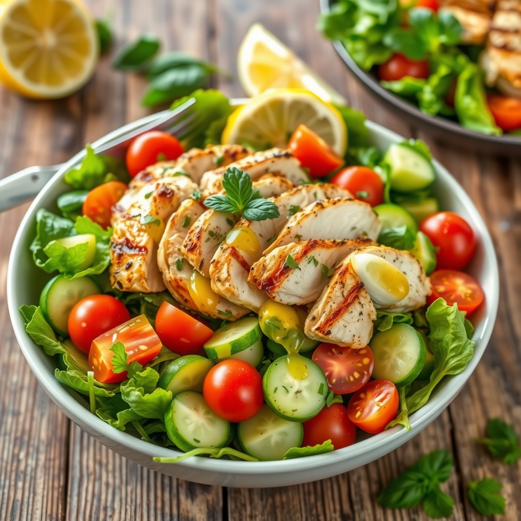 A colorful chicken salad with grilled chicken, greens, tomatoes, and cucumbers, garnished with herbs and lemon wedges.
